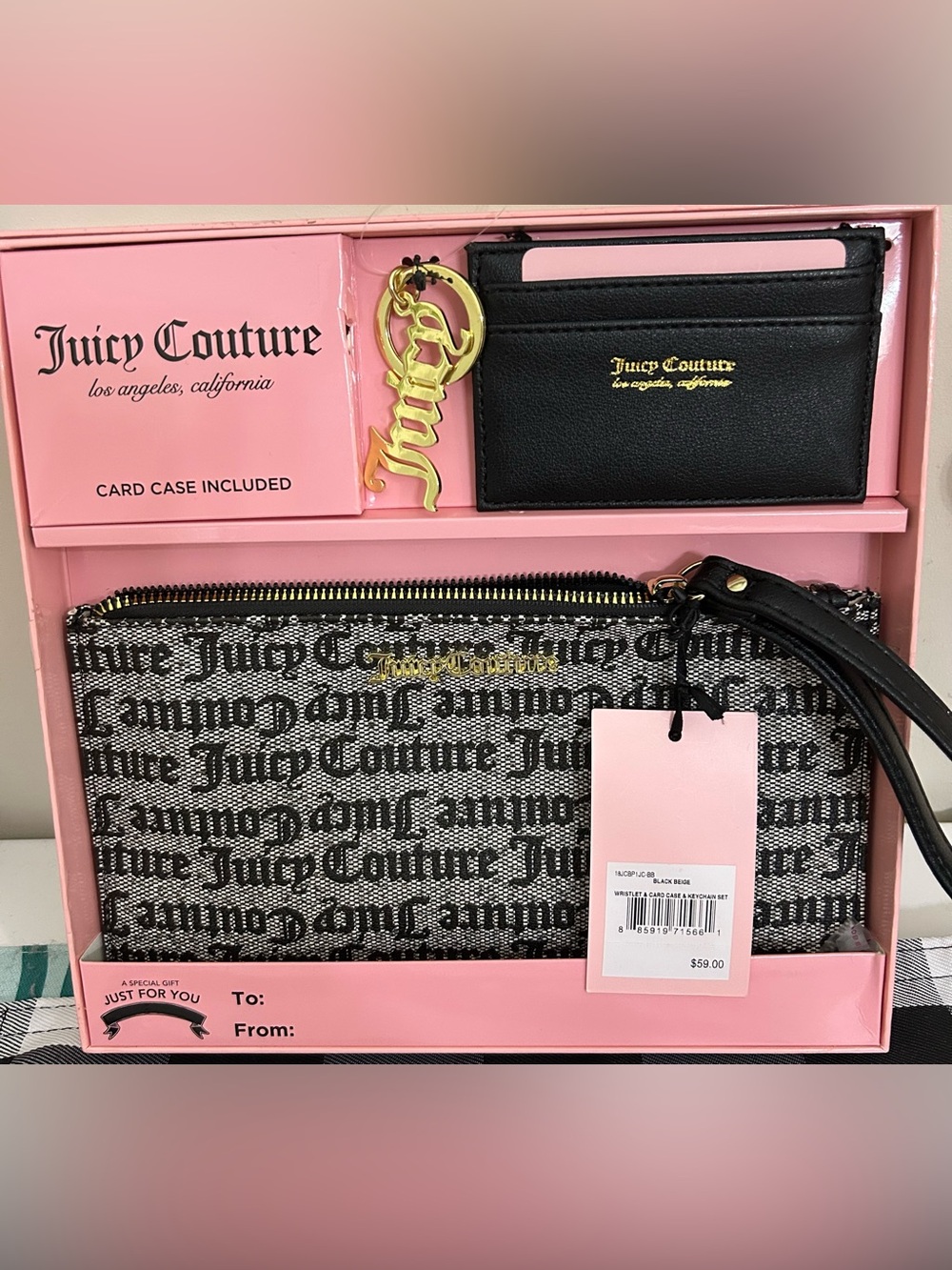 NWT Juicy Couture Black and Beige Logo Wristlet with Card Case
